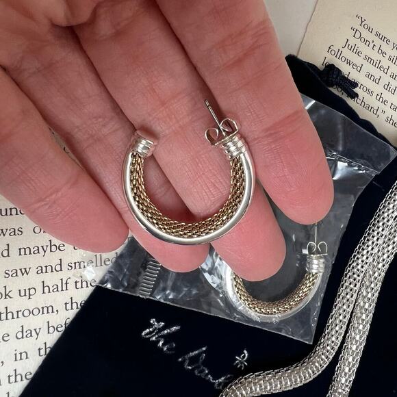 NEW Vintage 80s NRQ Lariat Silver and Gold Necklace Hoop Earrings Jewelry Set - Picture 13 of 15